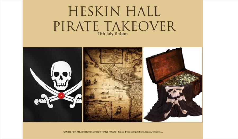 Event poster with three pictured of a skull and daggers, a treasure map and a treasure chest.