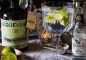 A bottle of gin sits on a table with a glass of gin and tonic with freshly cut limes.