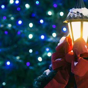 Outdoor lamp covered in snow and dressed with a red bow