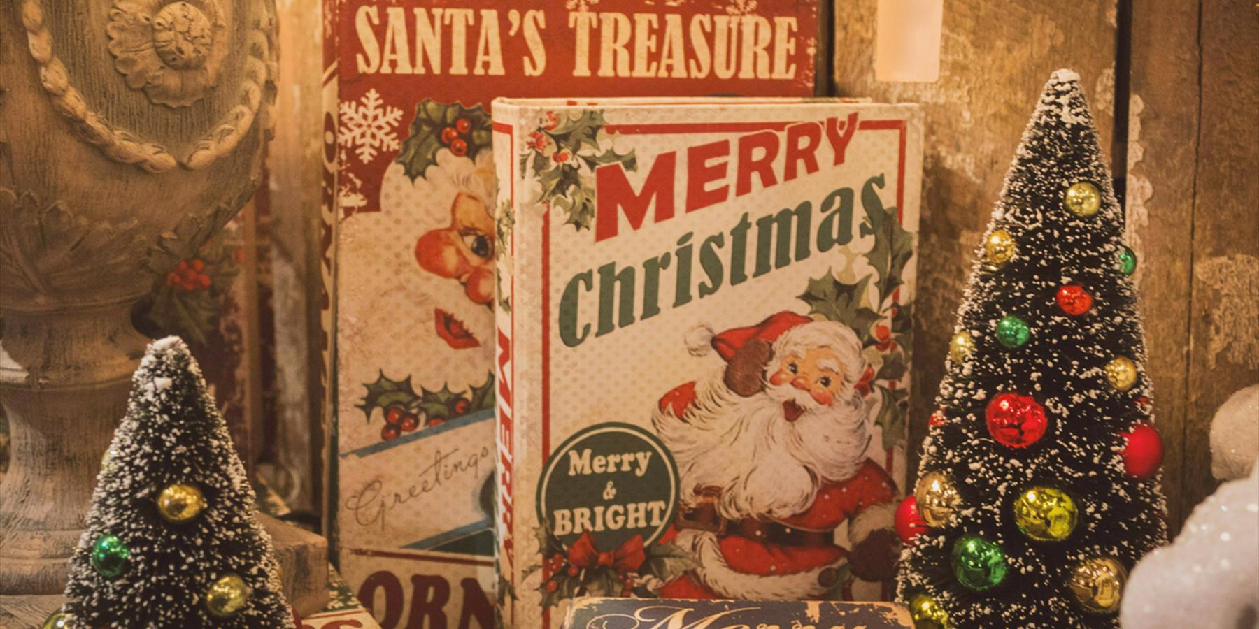 Books with Santa on the front and two tiny Christmas trees