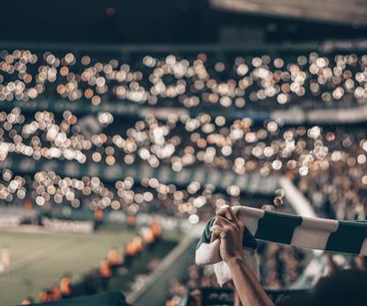 Fan holding green and white scarf at football game