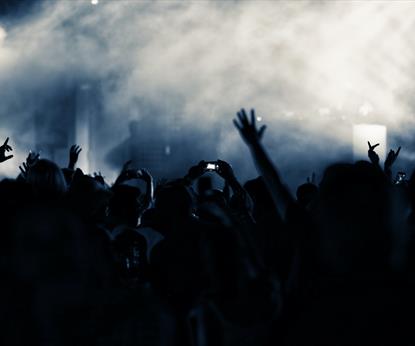 Grey and blue smoke over crowd at nightclub