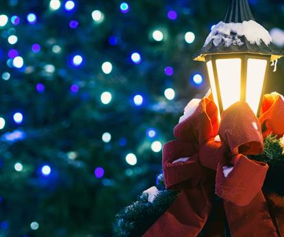 Outdoor lamp covered in snow and dressed with a red bow