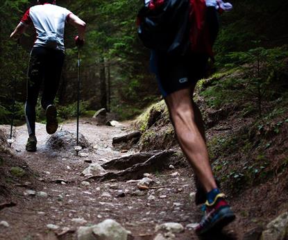 Two people running on a trail