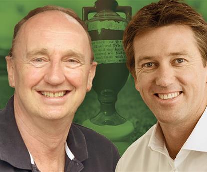 Two men in front of an image of the Ashes