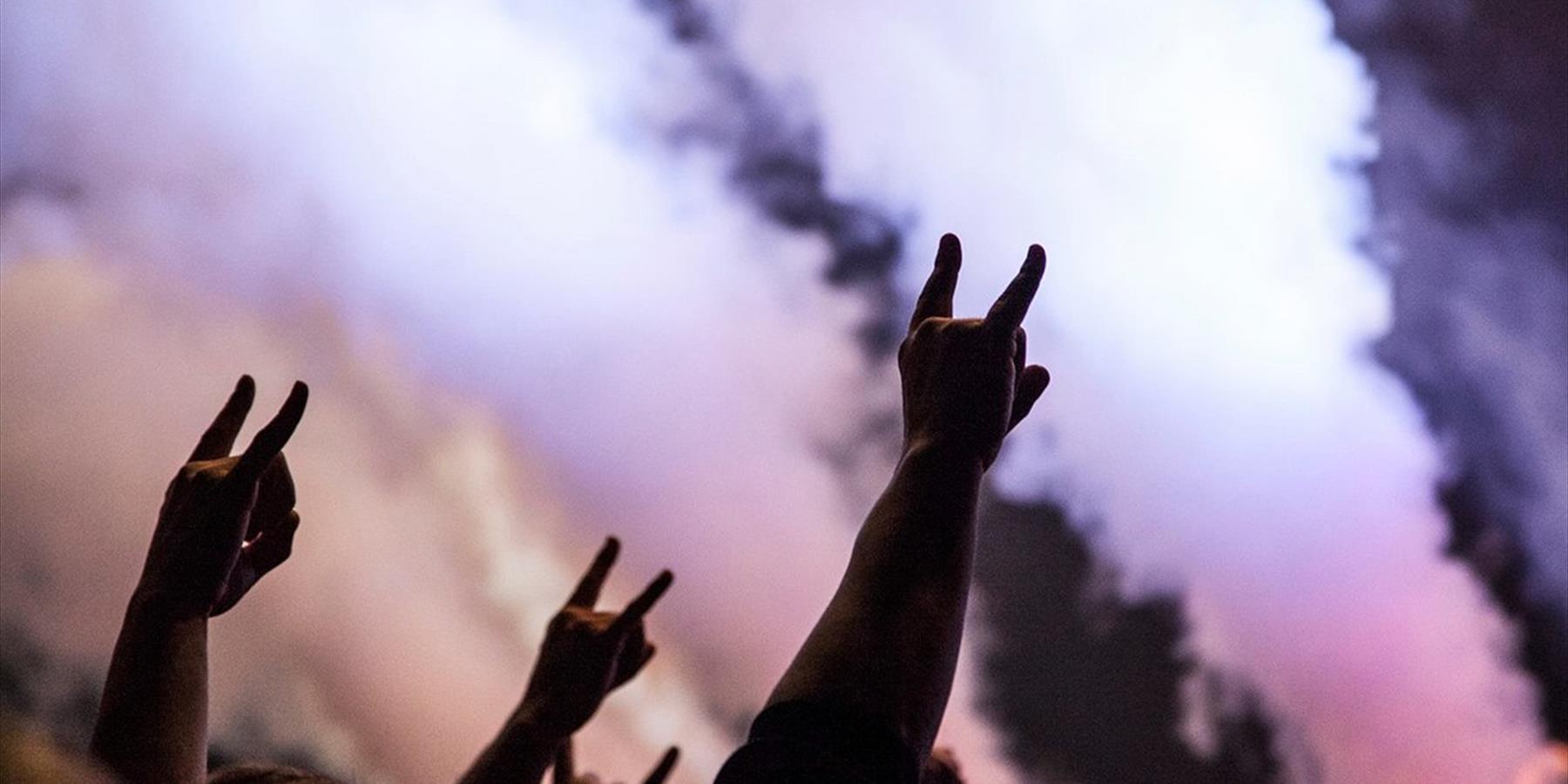 People at a concert making the sign of the horns hand gesture
