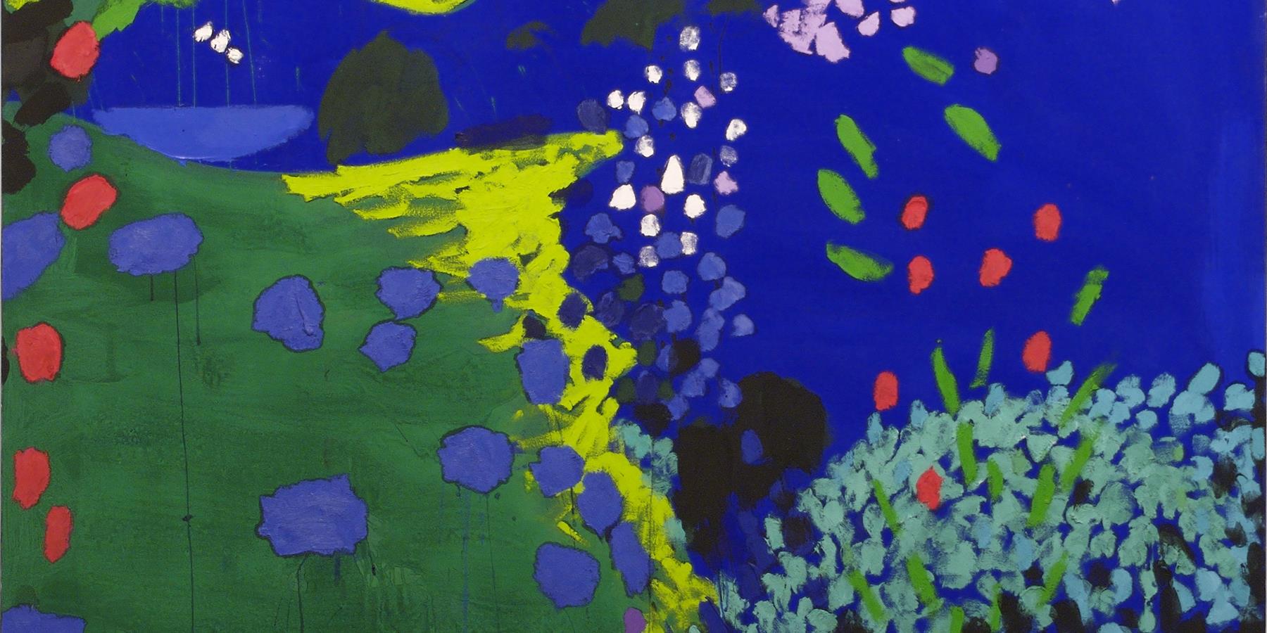 Abstract colourful painting of Bruce McLean's garden.