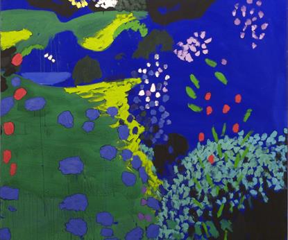 Abstract colourful painting of Bruce McLean's garden.