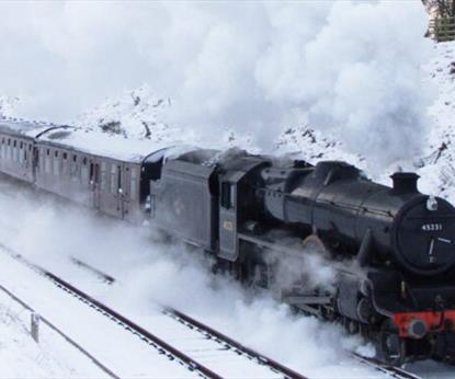 A steam train in the snow