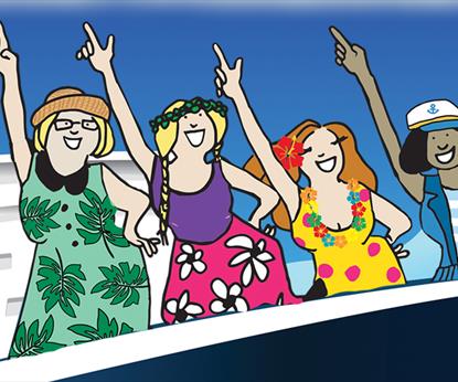 A cartoon picture of four ladies on a cruise ship