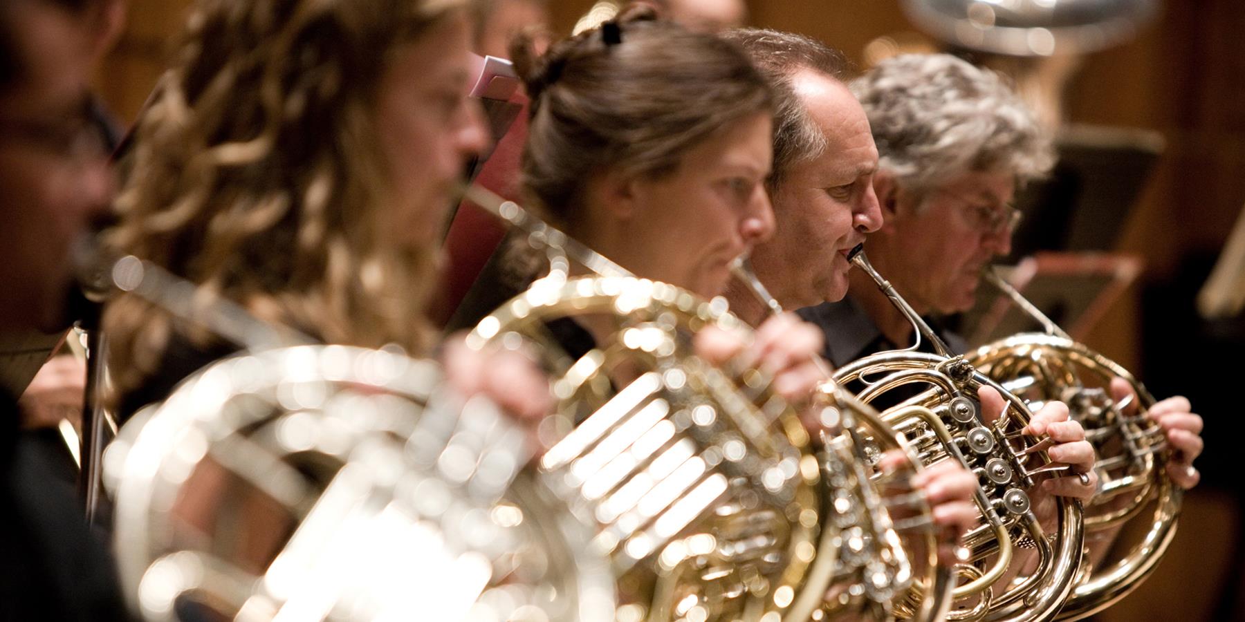 Members of an orchestra playing horns