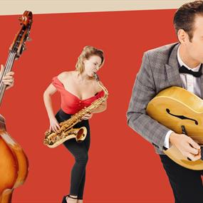 Man playing the cello, Woman playing the saxophone, man playing guitar