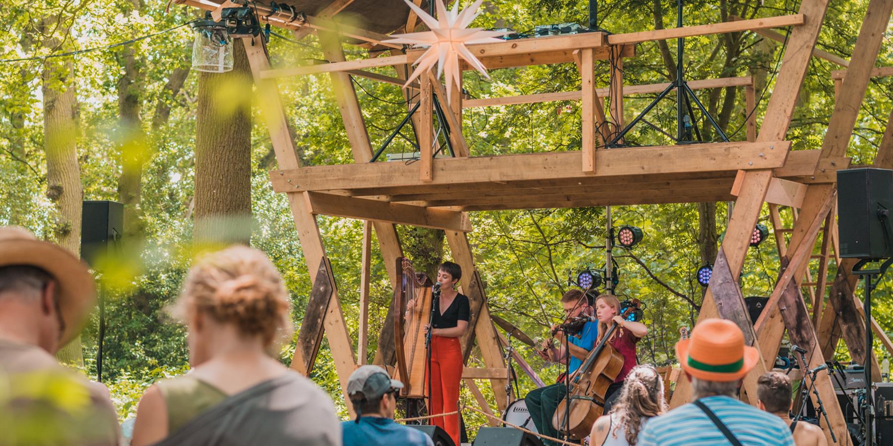 A musician with red trousers stands on the Eyrie Stage at Timber Festival surrounded by trees and an audience