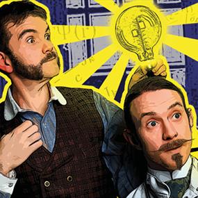 Two men dressed in Victorian outfits with a lightbulb