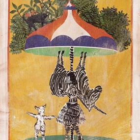 A yellow rectangle framed by a beige frame, with an umbrella in the middle, were an upside down zebra and human hold up the pole. To the left of them
