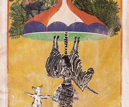 A yellow rectangle framed by a beige frame, with an umbrella in the middle, were an upside down zebra and human hold up the pole. To the left of them 