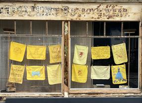 Window display of embroidered dusters