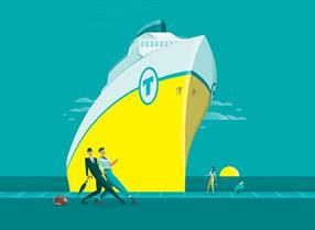 Blue and yellow ferry exhibition poster