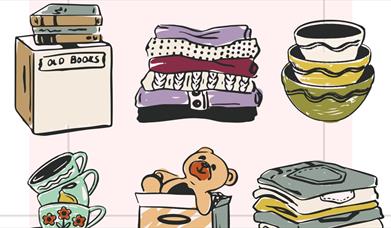 Piles of books, clothes and crockery, vintage style illustration
