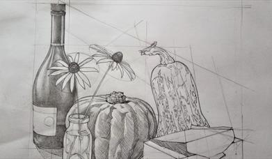 Still life pencil drawing showing working guidelines