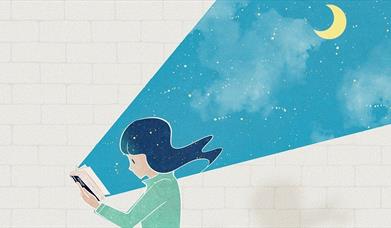 Illustration showing girl reading a book by the light of the moon