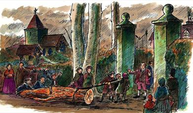 Illustration of people dragging a large log to the gates to a large house