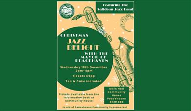 Poster featuring green saxaphone to promote jazz night