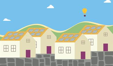 Illustration of houses with hillside and hot air balloon