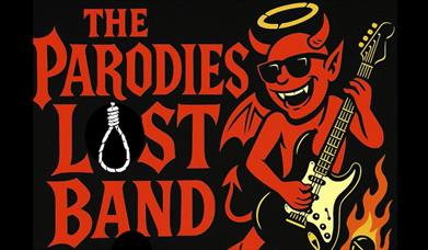 Devil character playing a guitar with halo and sunglasses