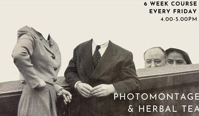 Black and white photo showing 2 headless figures, with heads peeping over a wall behind to demonstrate photomontage