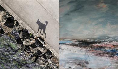 Image of a dogs shadow on coastal path and painting of rough sea and skies