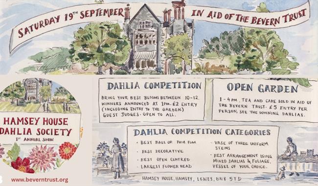 Illustration depicting Hamsey House and details of Dahlia Society