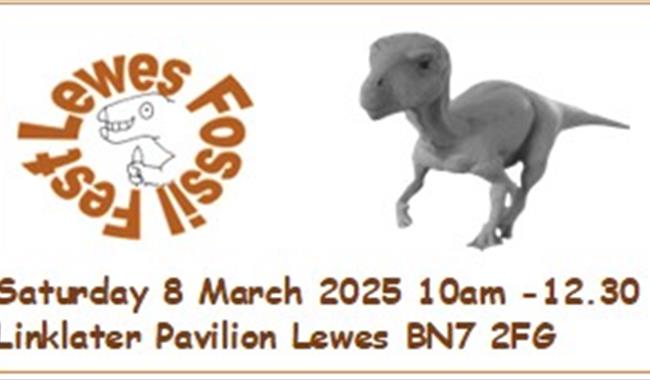 Iguanodon model with Lewes Fossil Festival info