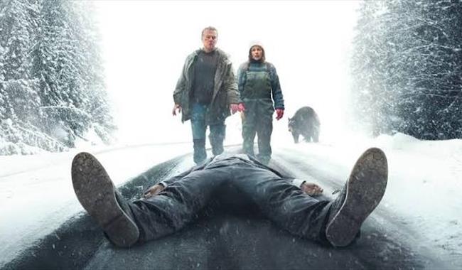 Body lying in the snow, with a couple and a bear looking on