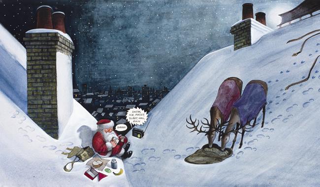 Father Christmas sharing a picnic with reindeer on the rooftops