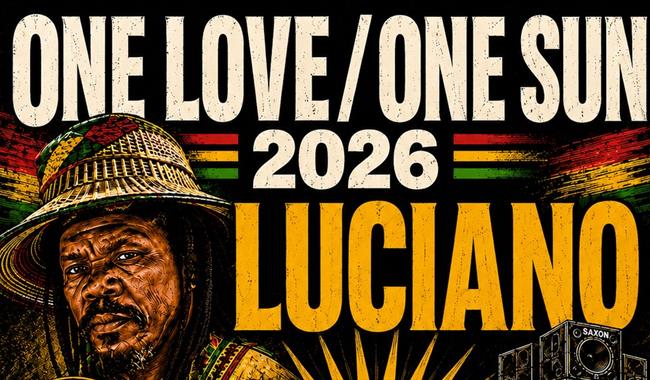 Event details on poster featuring Jamaican colours and  reggae performer Luciano
