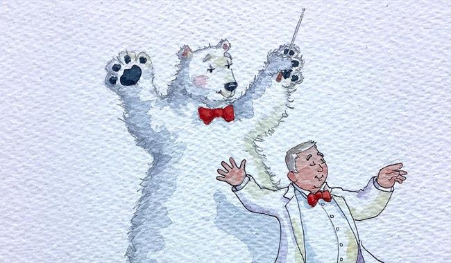 Illustration of a conductor being assisted by a polar bear