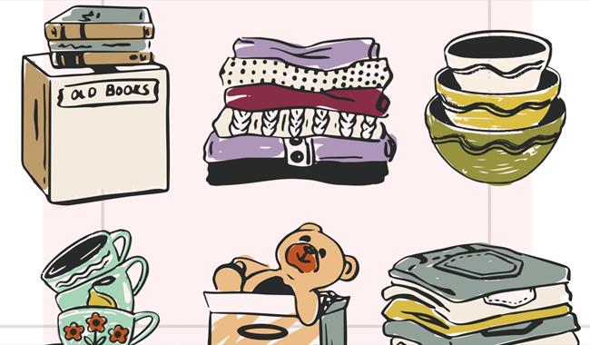 Piles of books, clothes and crockery, vintage style illustration
