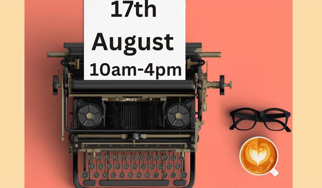 Poster featuring an old fashioned typewriter and cup of coffee