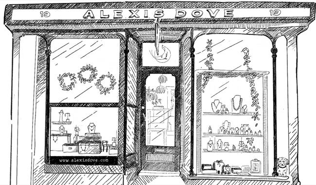 Pencil sketch of Alexis Dove Jewellers shop front