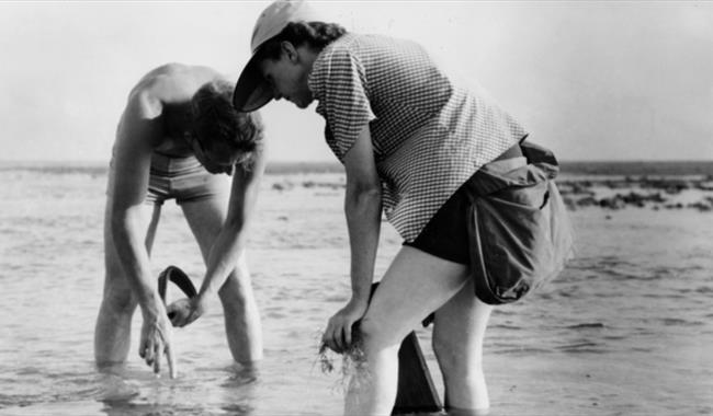 Photo of two people paddling in the sea.