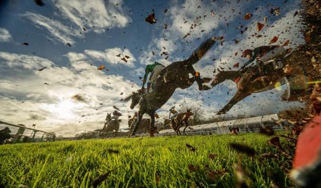 Mud flying as horses jump fence at Plumpton Races