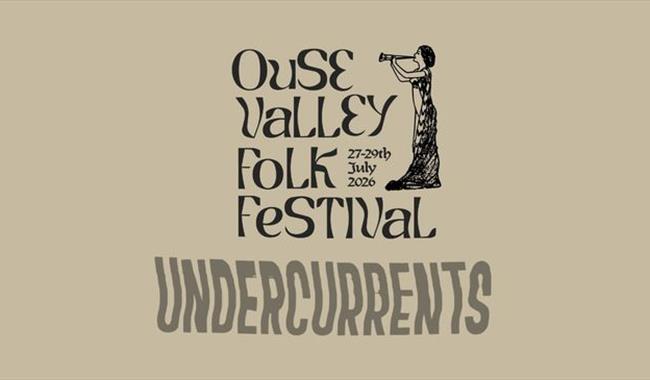 Neutral coloured poster with Ouse Valley Folk Festival logo, featuring woman playing an instrument