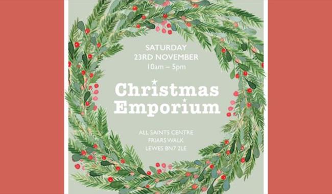 Hand-painted illustration of  Christmas wreath with event details printed in the centre