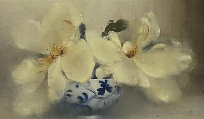 Painting - blue/white bowl with white flowers