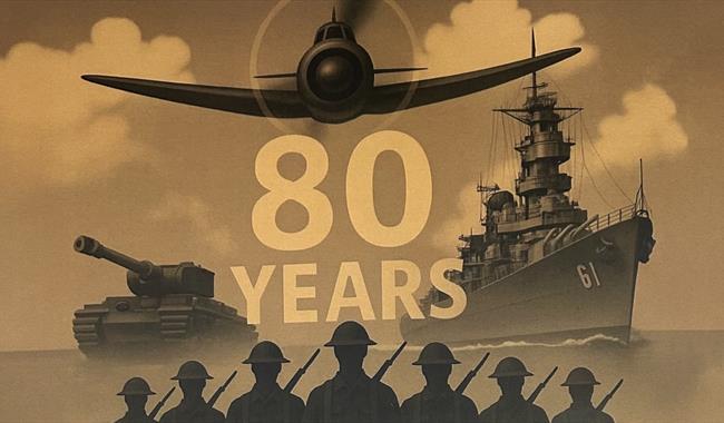 Image of soldiers, battleships and a Spitfire.