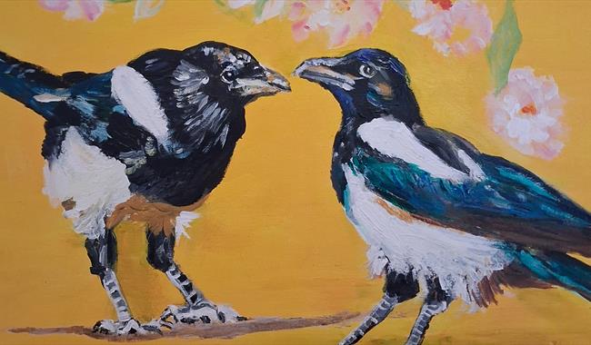 Painting featuring pair of magpies