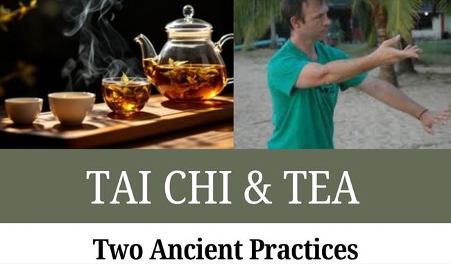 Pot of tea and man practising tai chi