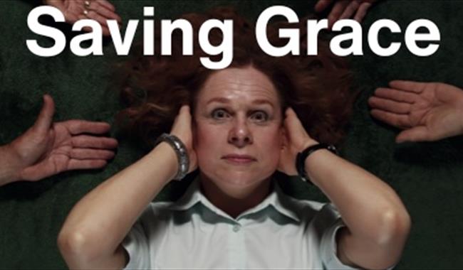 Actress in Saving Grace with hands over her ears
