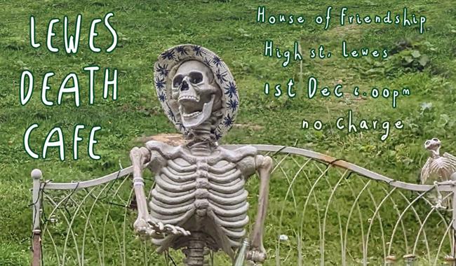 Skeleton wearing a hat on a garden bench